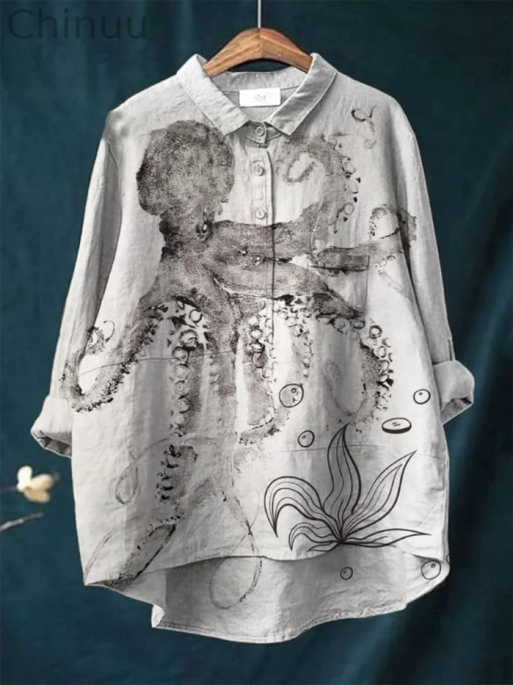 Vintage Japanese Octopus Pattern Art Print Casual Cotton And Linen Shirt