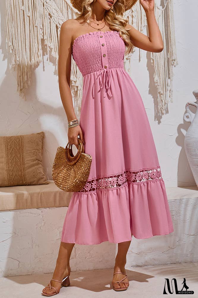 Spring Plain Strapless Smocked Buttoned Maxi Dress SN355