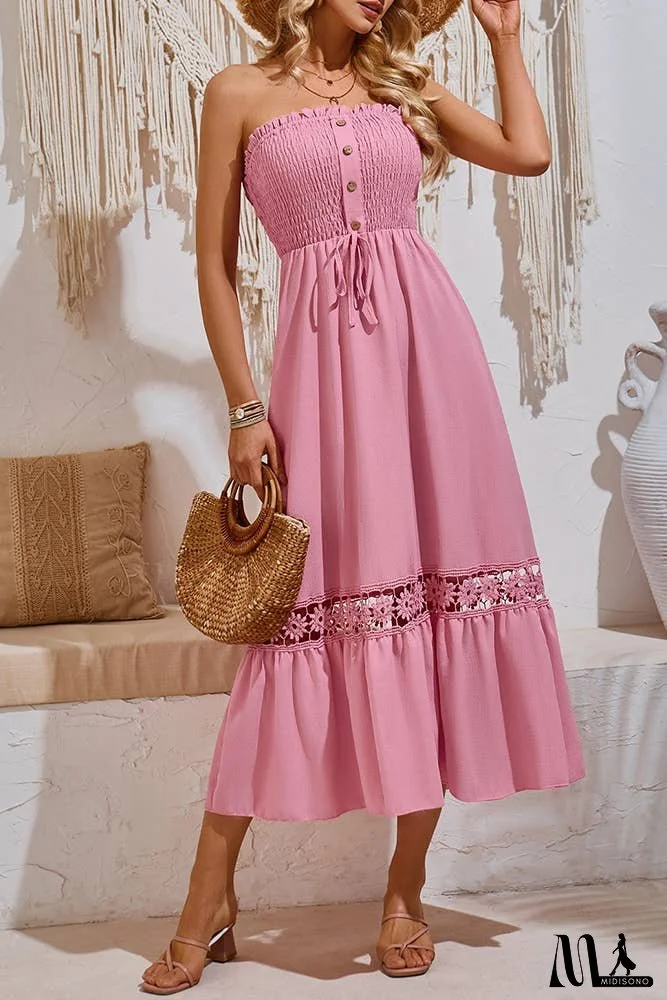 Spring Plain Strapless Smocked Buttoned Maxi Dress SN355