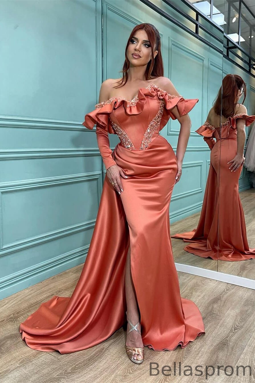 Bellasprom Coral Off-the-Shoulder Long Sleeve Mermaid Prom Dress With Split Ruffles Beads Bellasprom