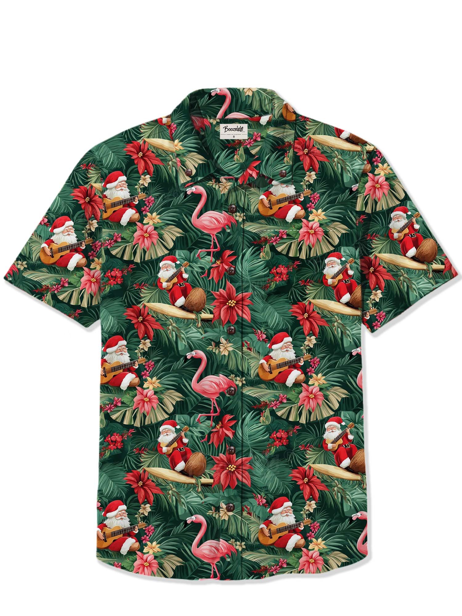 Hawaiian Flamingos And Santa Claus Playing Ukulele - 100% Cotton Shirt