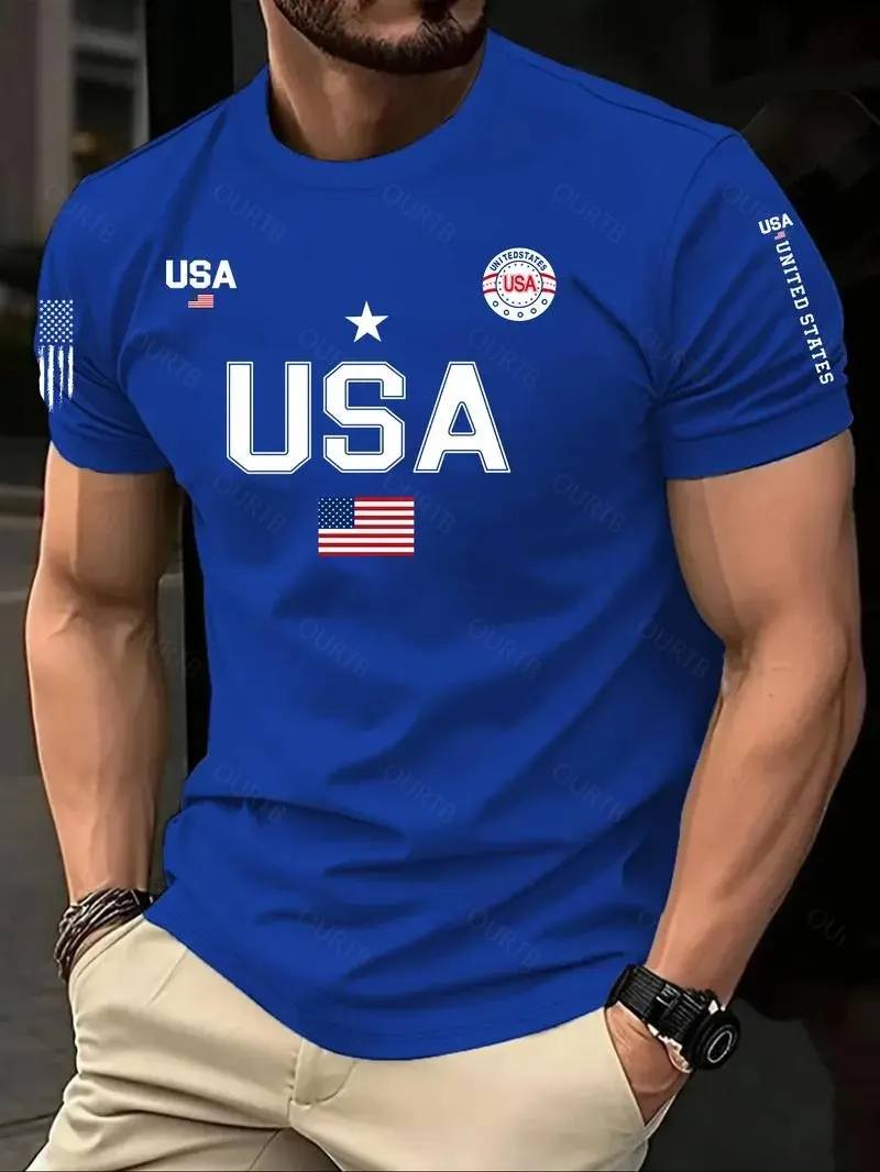 Men's USA Flag Print Round Neck Tee, Regular Fit Casual Short Sleeve Crew Neck T-Shirt for Summer, Fashion Men's Top for Daily Wear Men's USA Flag Print Round Neck Tee, Regular Fit Casual Short Sleeve Crew Neck T-Shirt for Summer, Fashion Men's Top for Daily Wear