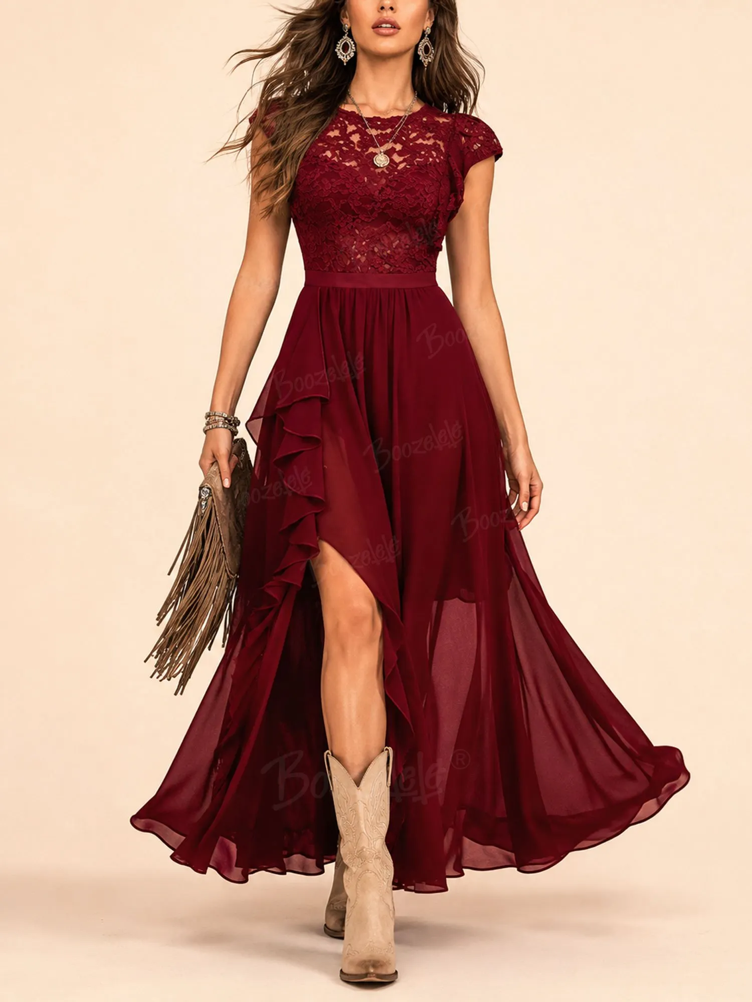 Ideal for a Romantic Country Date &mdash; Maroon Floral Lace 2026 Spring/Autumn Women&rsquo;s Western Maxi Dress