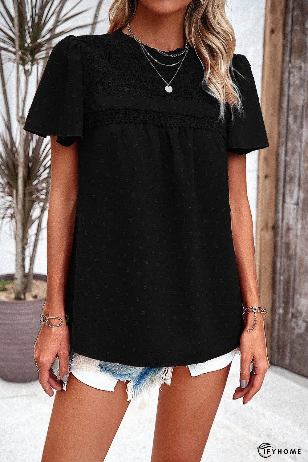 Swiss Dot Smocked Round Neck Short Sleeve Blouse | IFYHOME