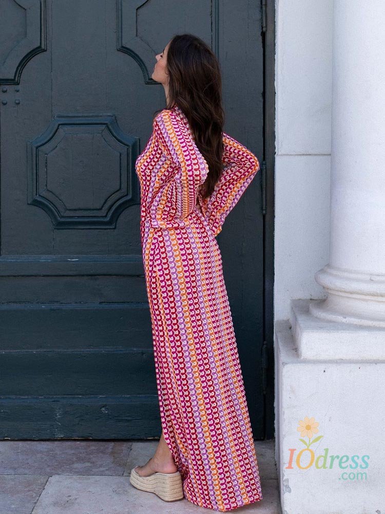 IO Dress 2024 Women Deep V Neck Casual Bohemian Maxi Dress Elegant Straight Flare Long Sleeve Vestidos  Sexy Beach Vacation Party Robe