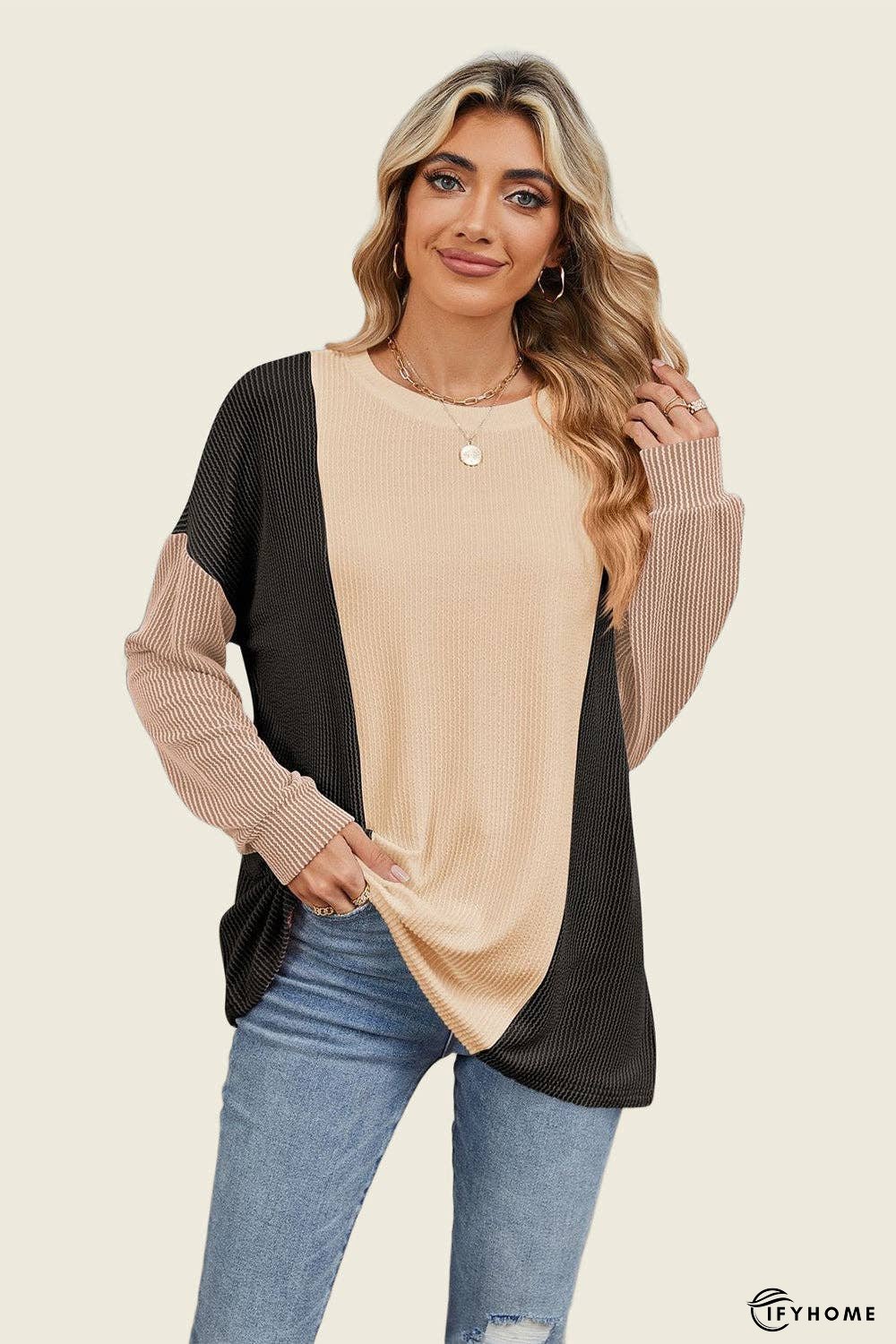 Double Take Texture Contrast Round Neck Long Sleeve T-Shirt | IFYHOME