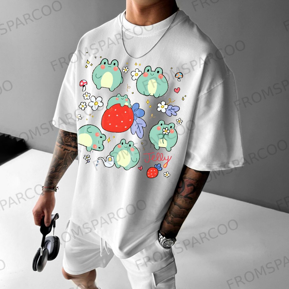 Casual Cute Strawberry Frog Print T-Shirt for Unisex