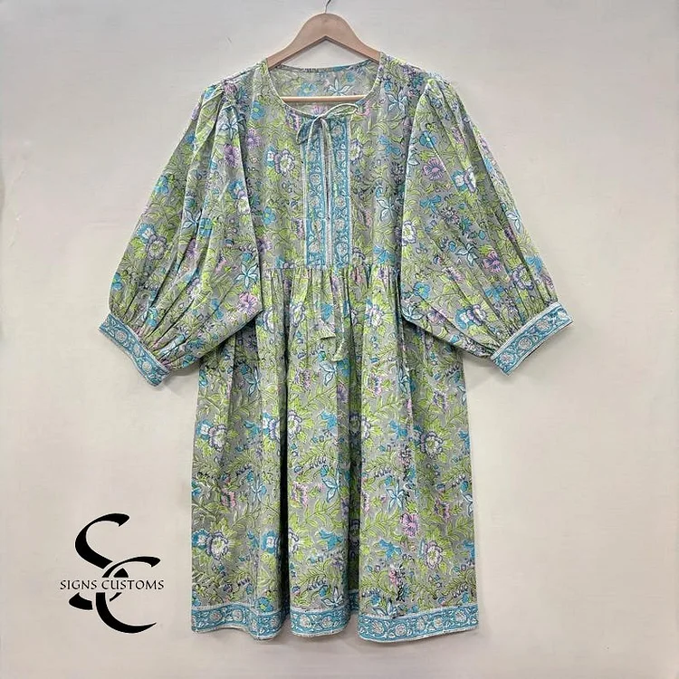 Floral Block Print Midi & Mini Dress &ndash; Deep Neck with String Closure