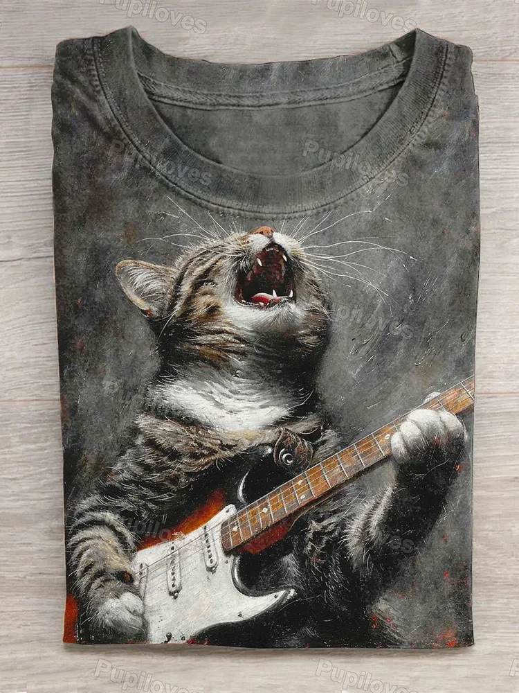 Pupiloves Pupiloves  Unisex Retro Funny Cat Plays Guitar Rock Cat Art Print Design T-shirt
