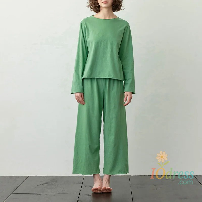 IO Dress 100% Cotton Women's Pajamas Two-Piece Sets Spring New Korean Casual Homewear Ladies Long-Sleeved Top + Elastic Waist Pants Suit
