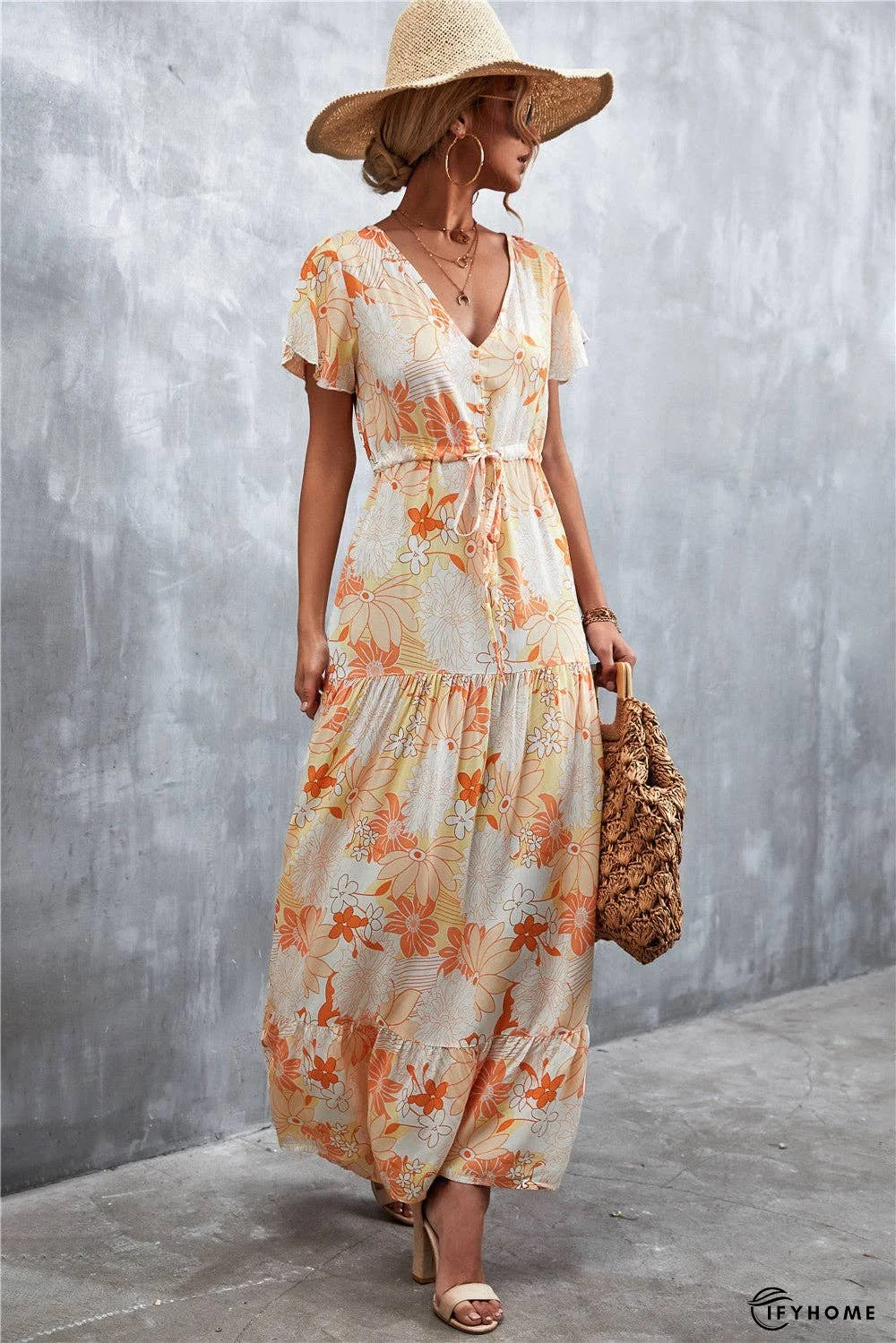 Floral Buttoned Drawstring Waist Tiered Dress | IFYHOME