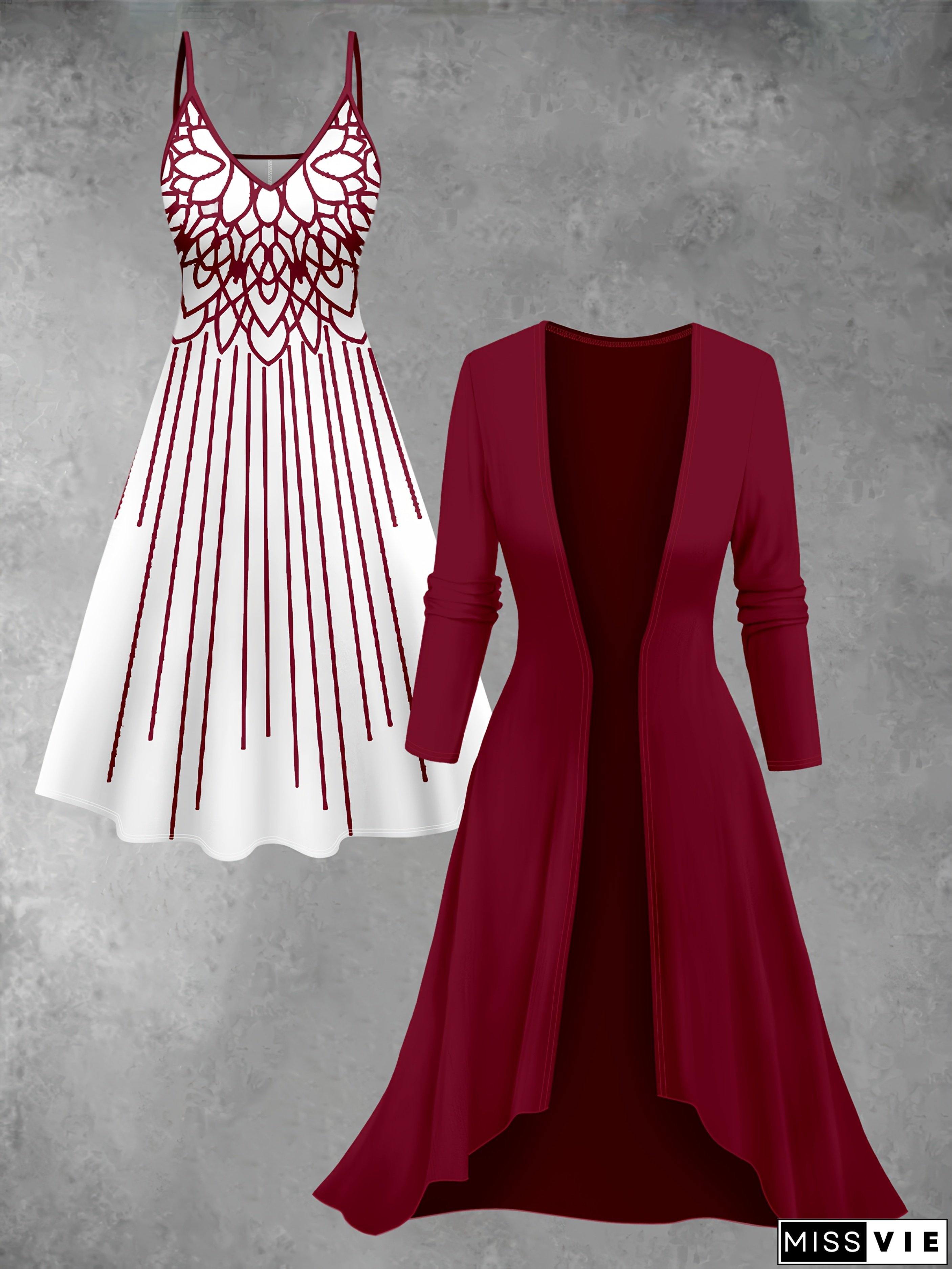 Plus-size dress set, stylish long cardigan with printed dress everyday elegant 2pcs set