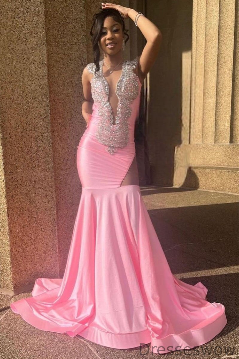 Dresseswow Pink Deep V-Neck Sleeveless Mermaid Evening Gowns With Beadings