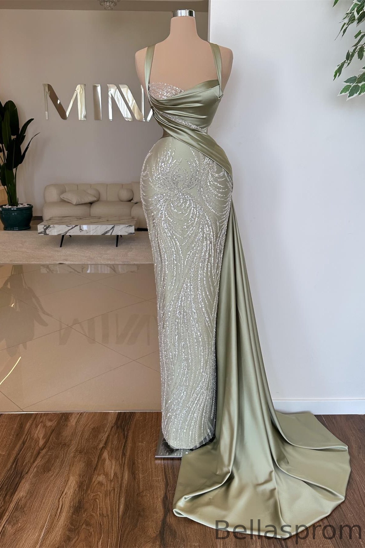 Bellasprom Dusty Sage Sweetheart Sleeveless Mermaid Prom Dress Straps With Beads Bellasprom