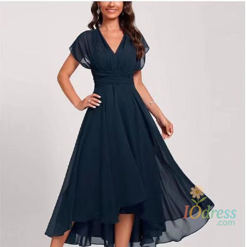IO Dress Solid Color Chiffon Dresses Women Fashion Temperament V-neck Bat Short Sleeve Irregular Hem A-line Dress Lady Commuting Vestidos