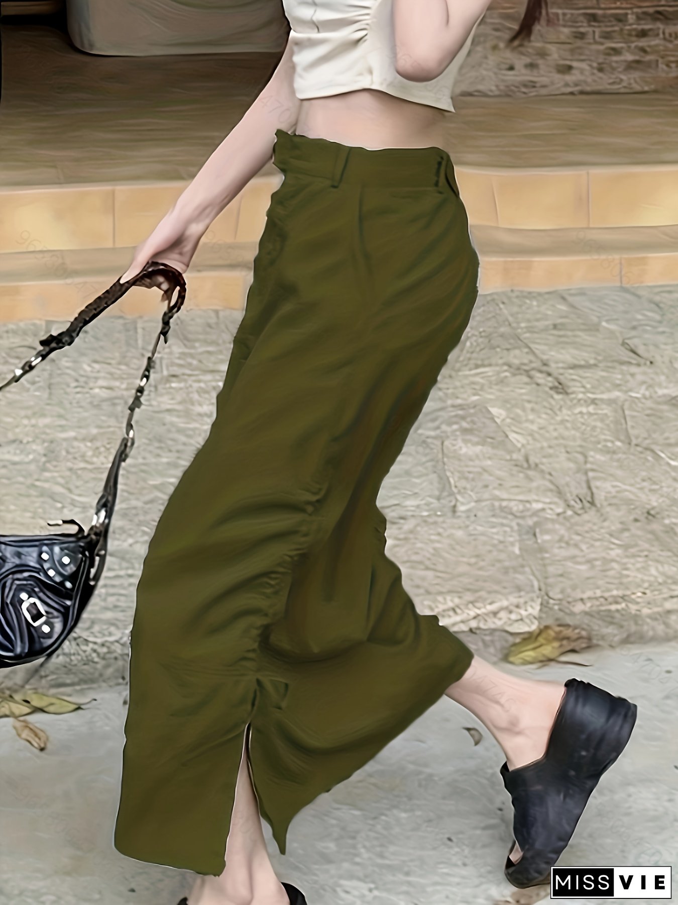 Womens High-Waist A-Line Cargo Skirt Olive Green Summer with Drawstring Detail Versatile