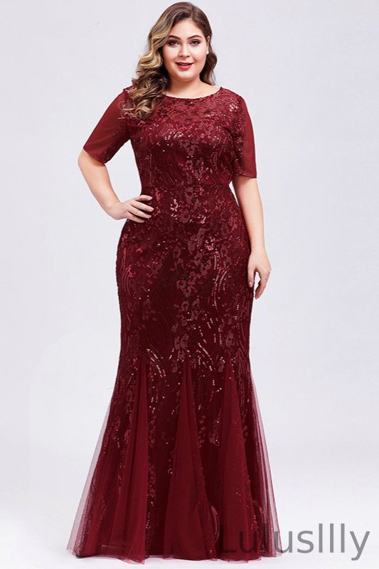 Elegant Short Sleeve Sequins Mermaid Plus Size Evening Prom Dress Online - lulusllly