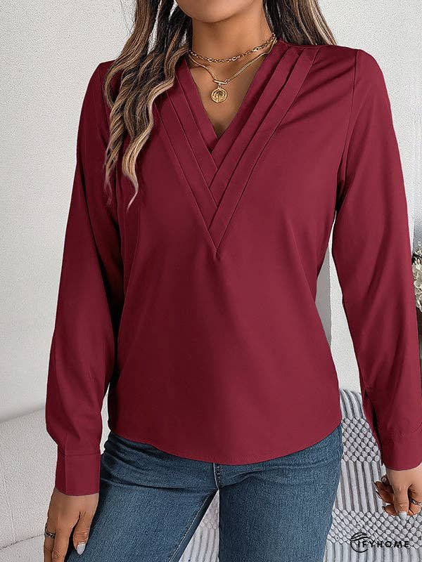 Long Sleeves Loose Pleated Solid Color Split-Joint V-Neck T-Shirts Tops | IFYHOME