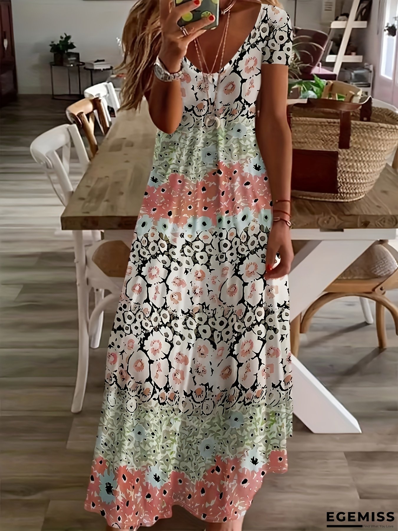 [Floral Print V-Neck Maxi Dress] Lightweight Chiffon, Elastic Waist, Women's Floral Print V-Neck Maxi Dress - Vibrant Pink, Green & White Floral Pattern, Perfect For Summer Beach, Vacation & Casual Evening Wear, Beach Dress | EGEMISS