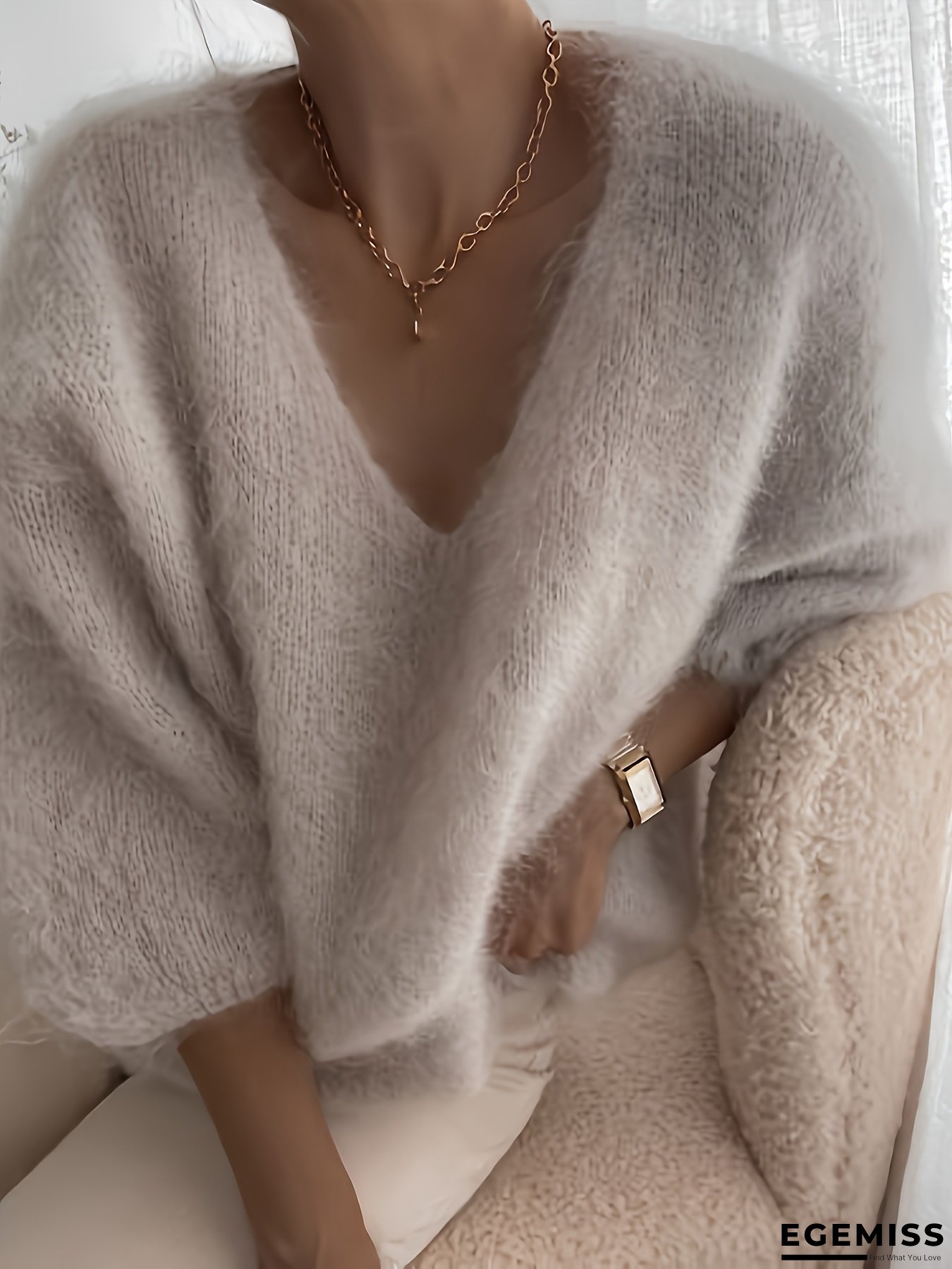[Women's Soft Fleece Sweater] Women's Soft Fleece Sweater - V-Neck 3/4 Sleeve Pullover, Elegant Solid Color All-Season Sweater for Casual & Formal Wear, Cozy Everyday Sweater for Women (Hand Wash/Dry Clean) - HW915 Model | EGEMISS