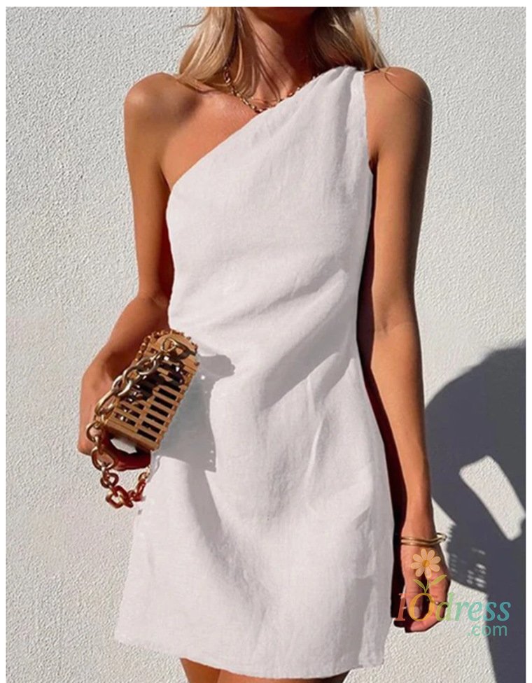 IO Dress Summer Sexy Women Fashion Solid Mini Dress One-shoulder Asymmetric Diagonal Collar Cotton And Linen Casual Loose Elegant Dress IO Dress