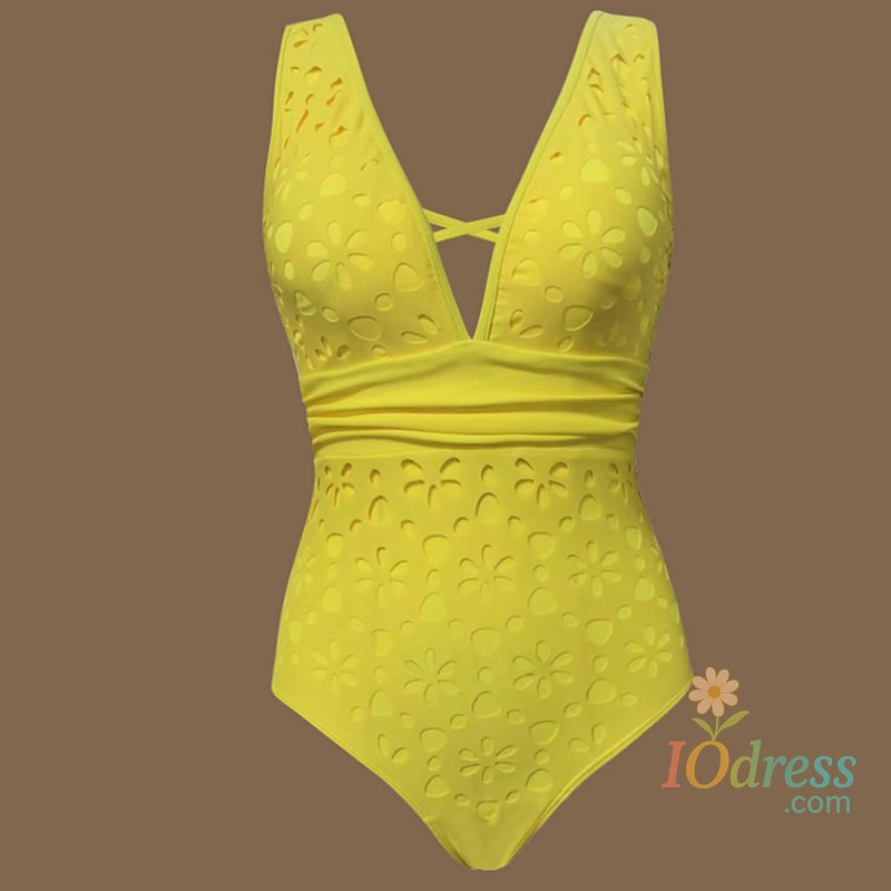 IO Dress Sexy Deep V Neck Women Swimwear Yellow Color Laser Cutting Flower Hollow One Piece Swimsuit Women Backless Monokini Bathing Suit