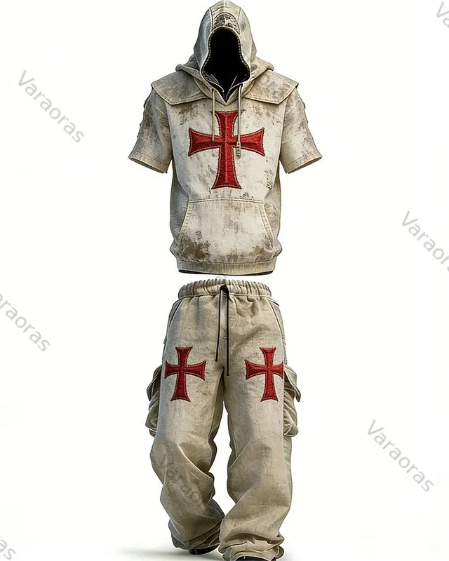 Men's Nordic Viking style cross-adorned short-sleeved shirt and trousers two-piece set 3229