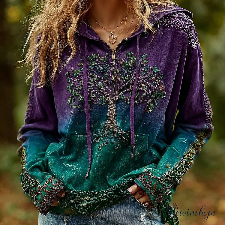 Women's Vintage Viking Tree Of Life Half Zip Hoodie