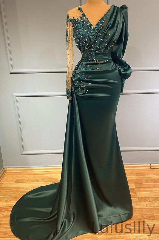 Beautiful Long Sleeves Dark Green Evening Dress Mermaid With Appliques - lulusllly