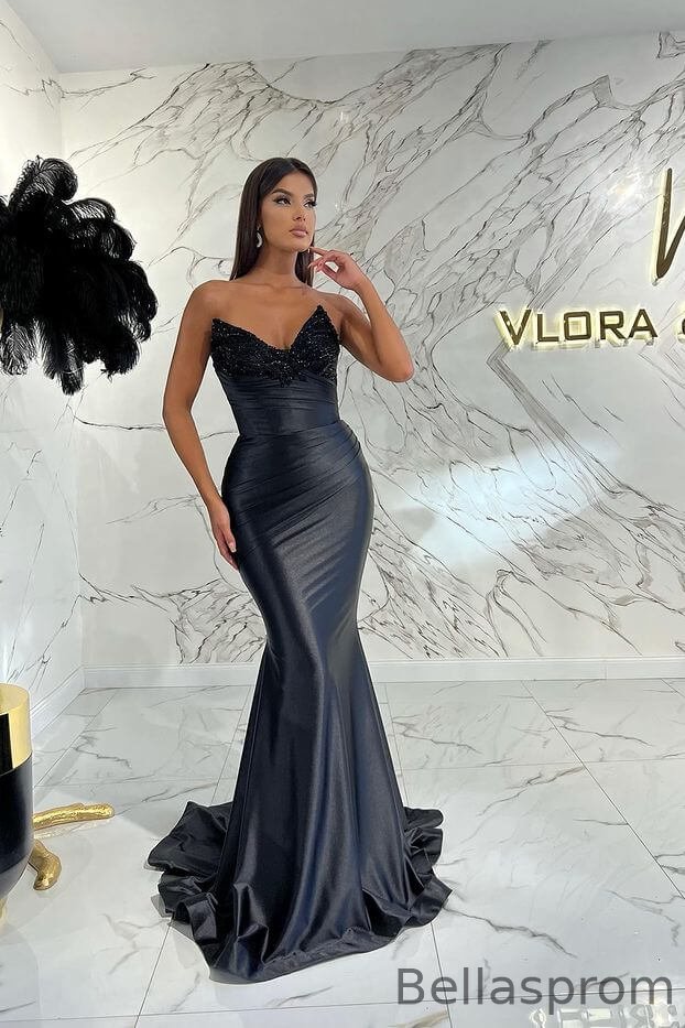 Bellasprom Dark Navy V-Neck Sleeveless Evening Dress Mermaid Pleated With Beads Bellasprom