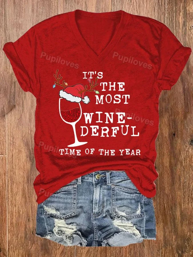 Pupiloves Pupiloves  Pupiloves     Women's Funny It‘s The Most Wine-Derful Time Of The Year Christmas Casual V-Neck Tee