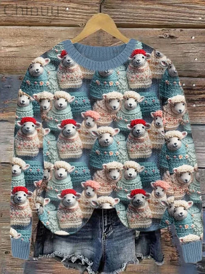 Women's Cute Winter Sheep Print Casual Sweatshirt