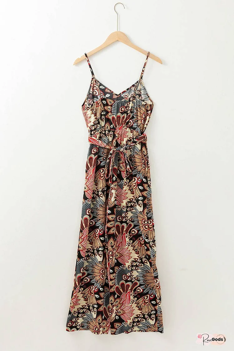 Floral Print Belted Sleeveless Wide Leg Jumpsuit