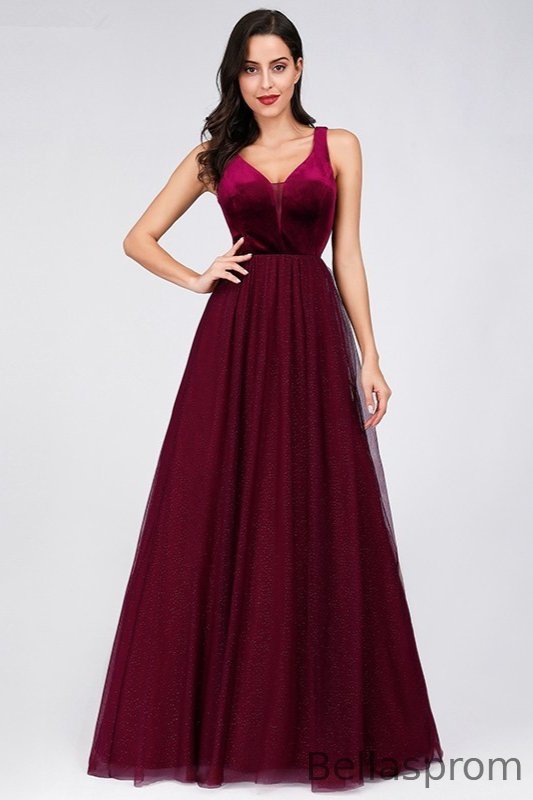 Bellasprom Sparkle Burgundy Prom Dress Long Tulle Evening Party Gowns Sleeveless Bellasprom