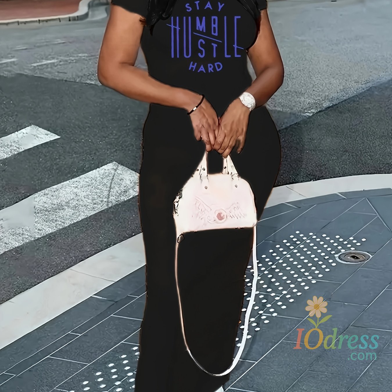 IO Dress Summer women's slim fit elastic black BEER print round neck short sleeved T-shirt dress long dress women's clothing