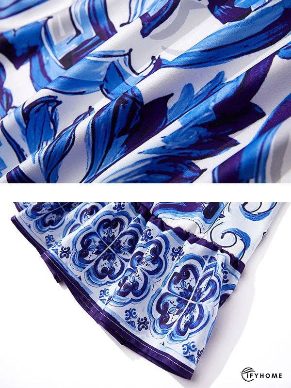 Flared Sleeves Contrast Color Floral Printed One-Shoulder Midi Dresses | IFYHOME