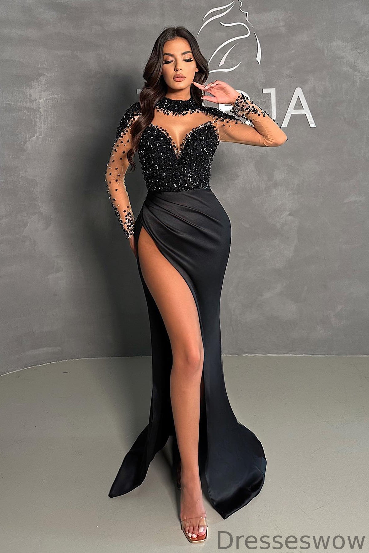 Dresseswow Black Long Sleeves Mermaid Evening Dress Split With Sequins Beads