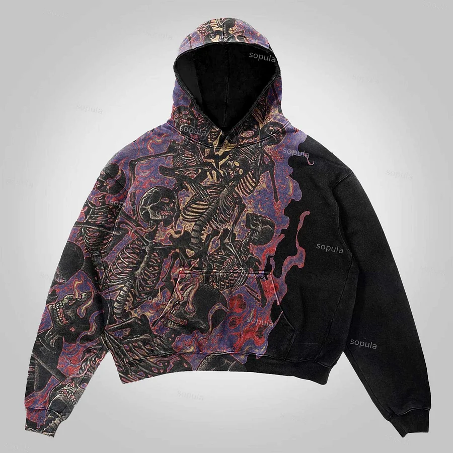 Vintage Skull Graphic Print Black Pullover Hoodie