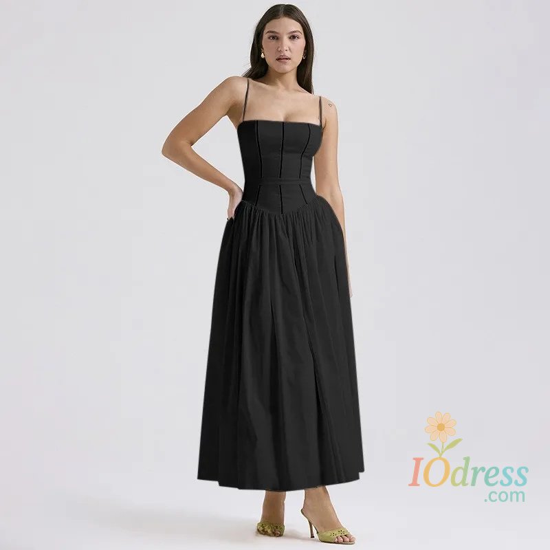 IO Dress Elegant French Style Floral Print Halter Dress Slimming Gentlewoman Fashionable Knee-Length V-Neck Sleeveless Women's Dress