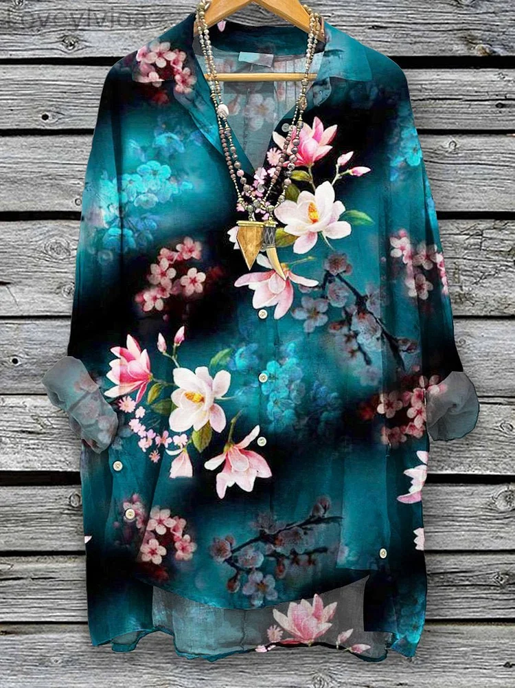Women's  Floral  Print Casual Cotton And Linen Shirt