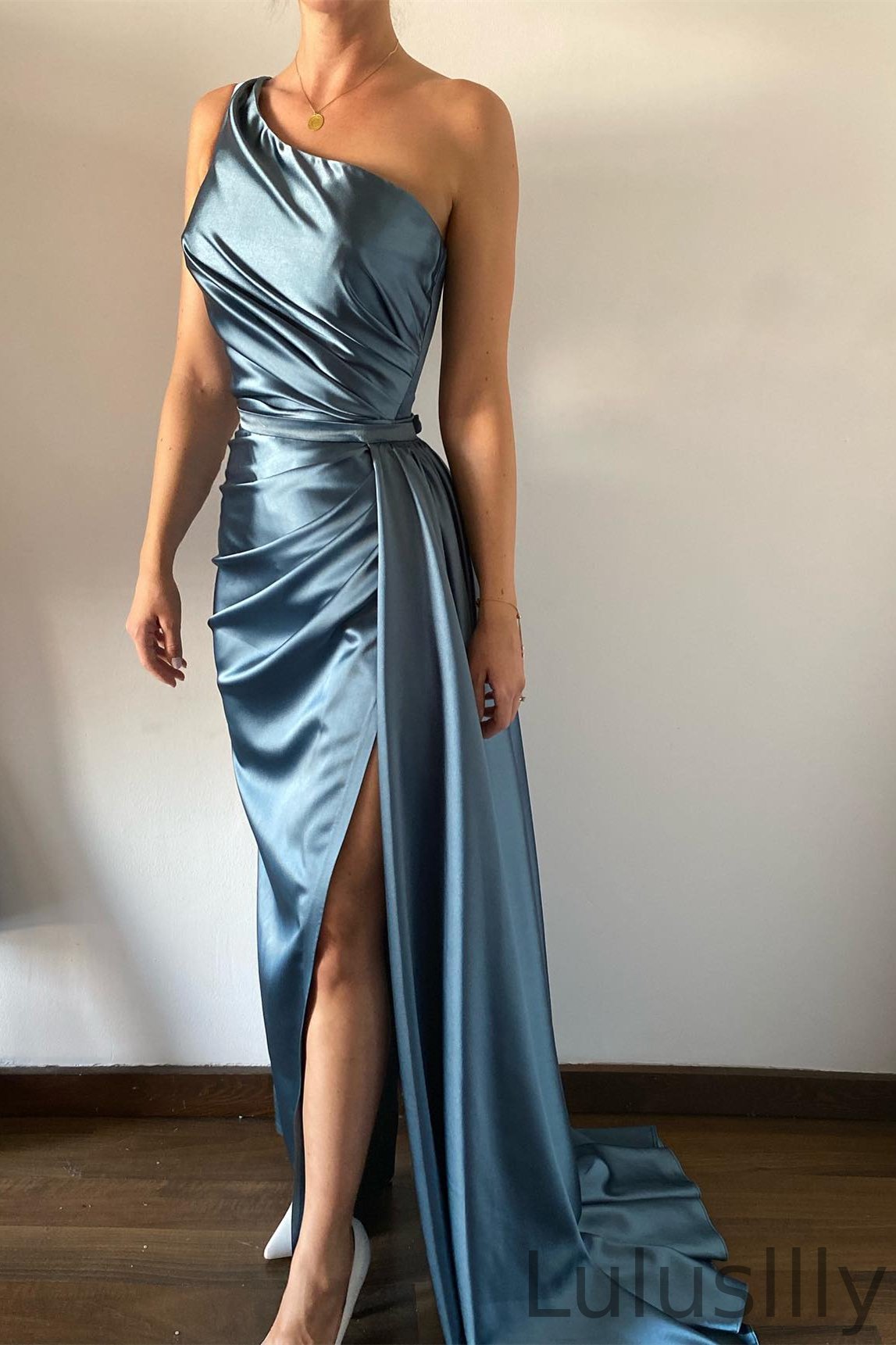 New Arrival Dusty Blue One Shoulder Sleeveless Mermaid Prom Dress Pleats With Split Detachable Ruffles - lulusllly