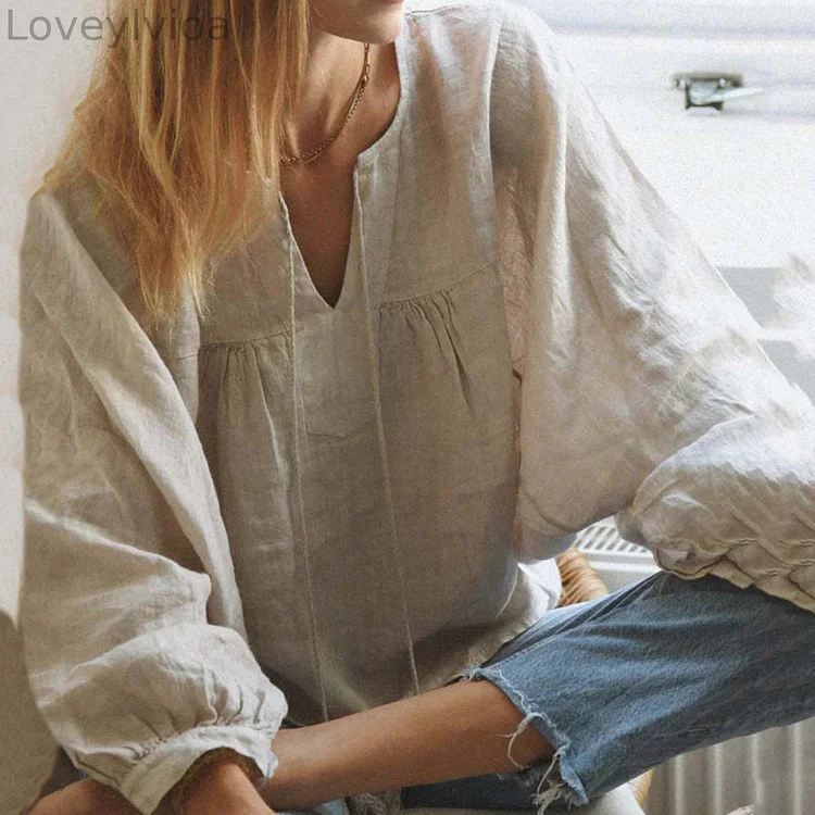 Vintage Pleat V Neck Linen Cotton Comfy Shirt