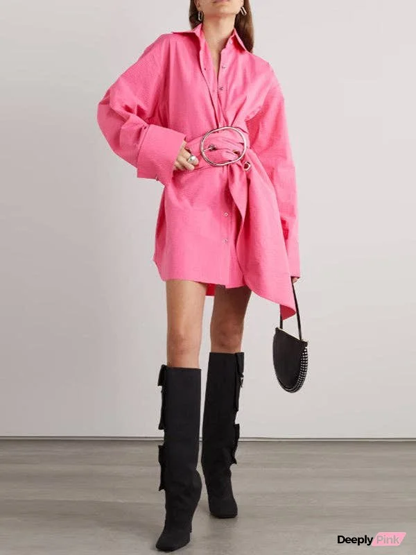 Long Sleeves Loose Belted Buttoned Lapel Mini Dresses Shirt Dress