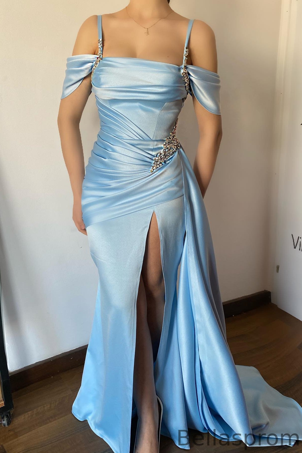 Bellasprom Sky Blue Off-The-Shoulder Spaghetti-Straps Mermaid Prom Dress Beaded With Split Bellasprom