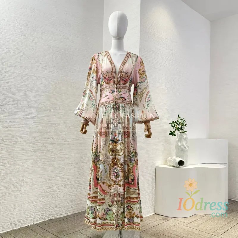 IO Dress 2025 High Quality Pink Floral Print Long Sleeve Deep V Neck Diamonds Pleat Hem Maxi Dress Silk IO Dress