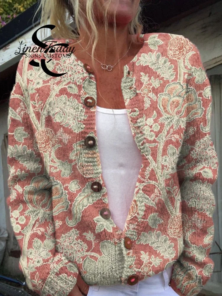 Vintage Hand Drawn Floral Pattern Print Buttoned Cardigan Sweater
