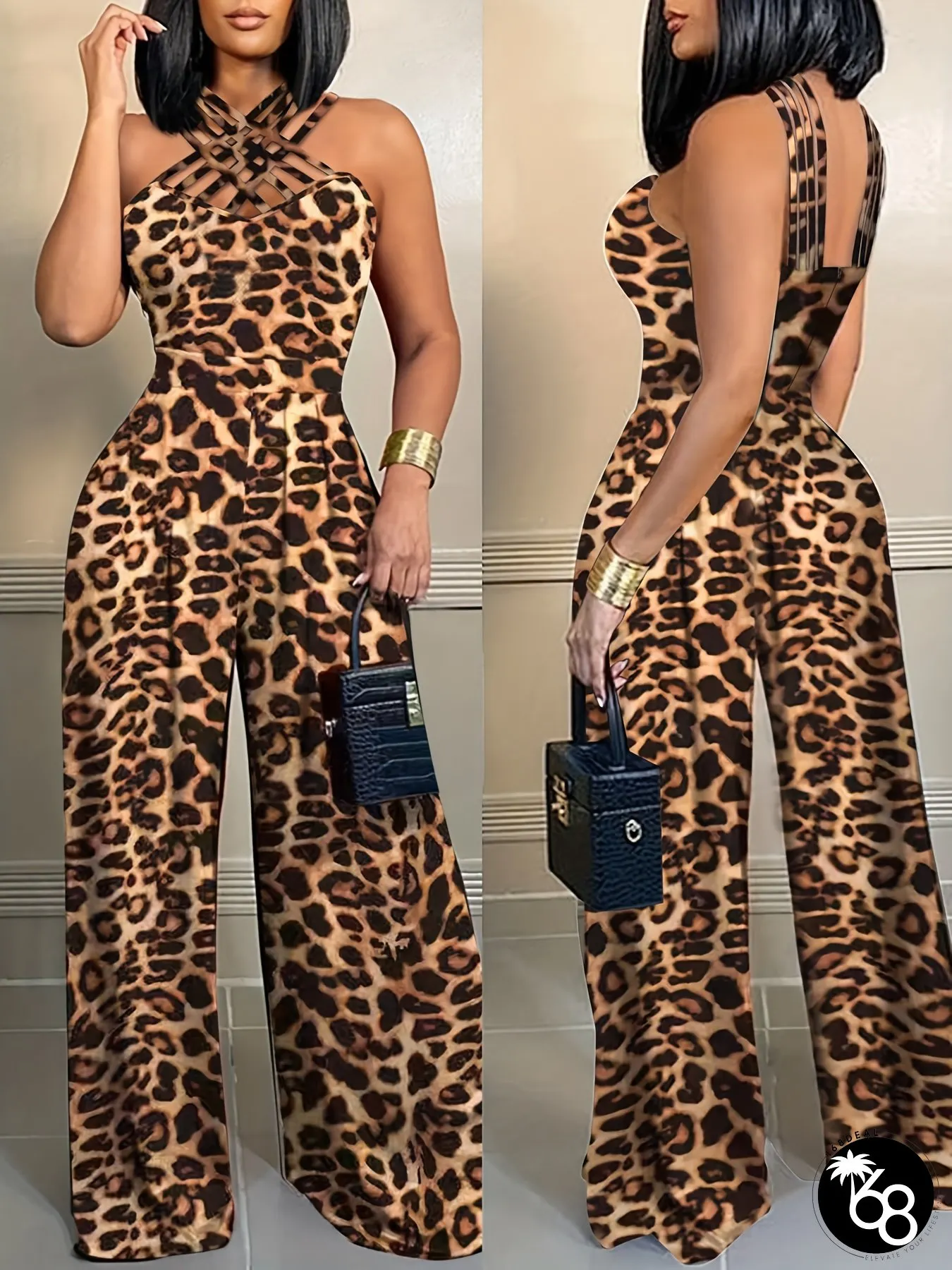 Womens Leopard Print Jumpsuit Wide-Leg Casual Chic Outfit with Thin Straps Machine | 168DEAL