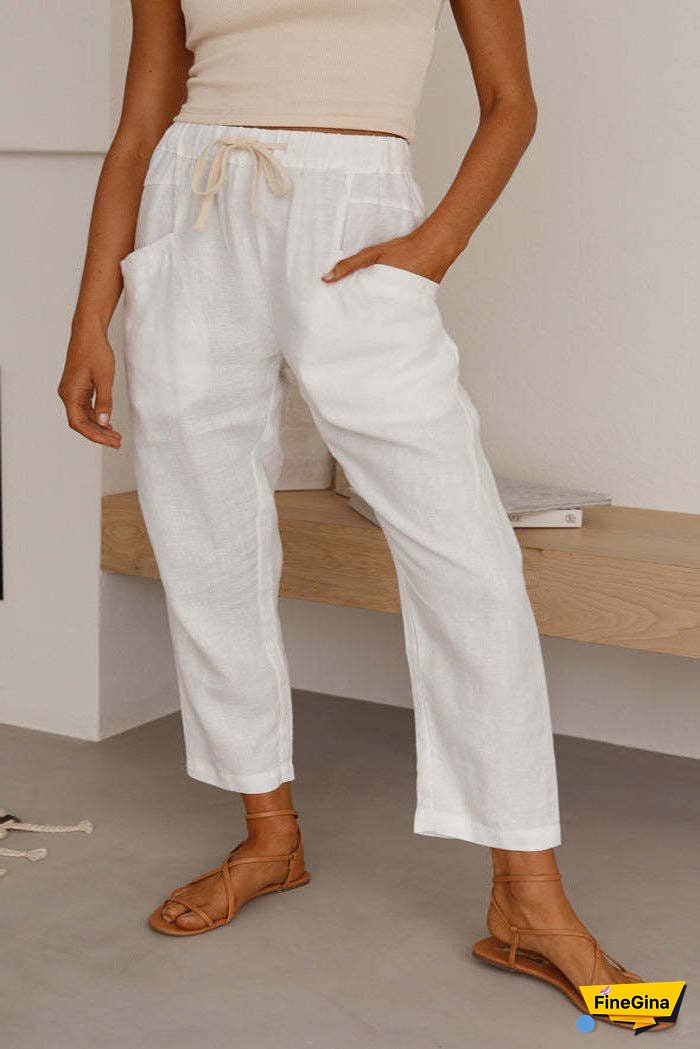 Solid Color Linen Casual Fit Ladies Pants SKP0111