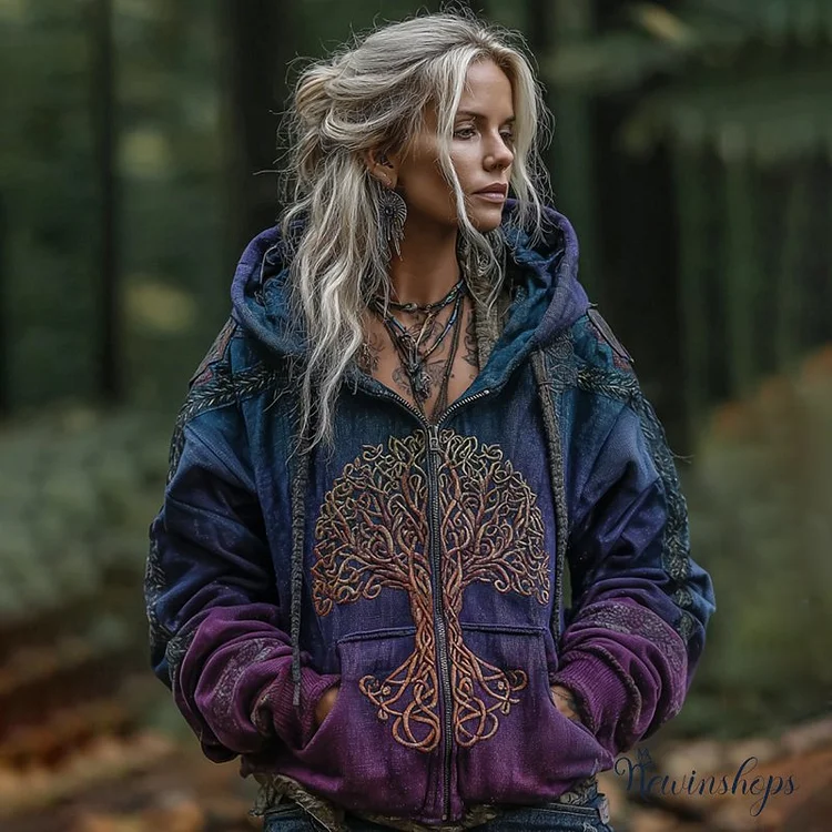Women's Viking Celtic Knot Tree Of Life Gradient Art Comfort Warm Zip Hoodie