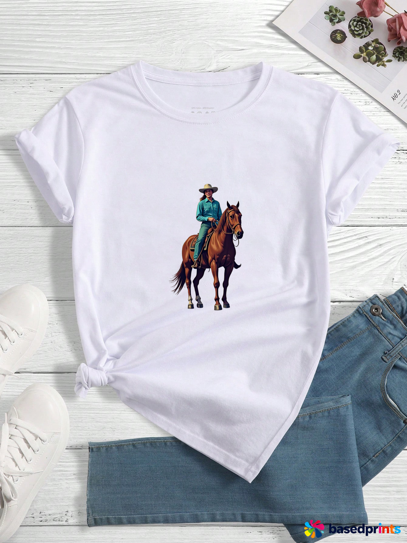 White Short Sleeve T-Shirt with Horse Print